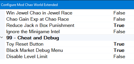 Chao World Extended Debug Configurations